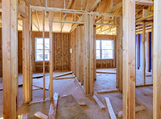 Under construction home framing interior view of a house